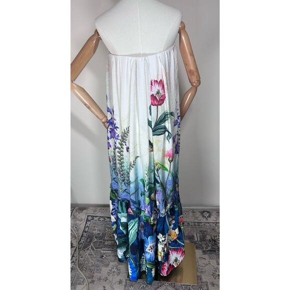 Anthropologie Strapless Floral Ruffle Maxi Dress Size M Viscose White Multicolor - Picture 2 of 6